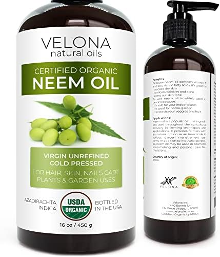 velona Neem Oil USDA Certified Organic - 16 oz | 100% Pure and Natural Carrier Oil | Virgin, Unrefined, Cold Pressed | Hair, Body and Skin Care | Use Today - Enjoy Results