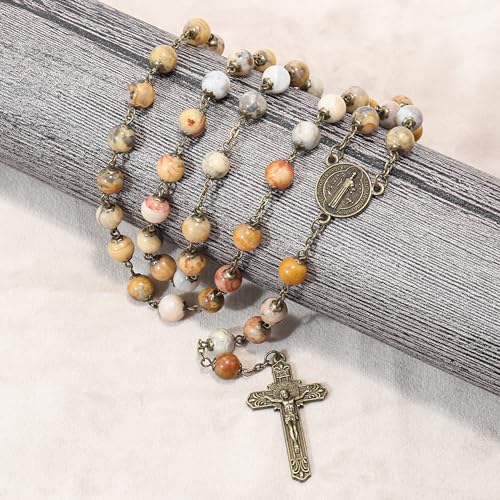 Nazareth Store Antique Bronze Rosary Necklace Genuine 8mm Stone Beads with St. Benedict Cross and Medal4