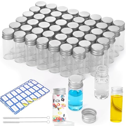 ZEEROQOLAB 60 Pezzi Provette Vetro con Tappo a Vite 10 ML, Bottiglie Trasparenti per Campioni, include Spazzola per Pulizia ed Etichette Autoadesive per Fiale Contenitore, per Caramella Liquido