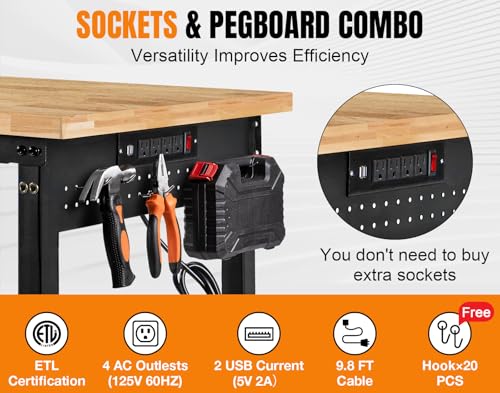 Image of 72 inch Adjustable Height Workbench, 2000 LBS Heavy Duty Table Rubber Wood Workstation with Power Outlet & Pegboard for Garage, Office, Workshop, Home,Commercial