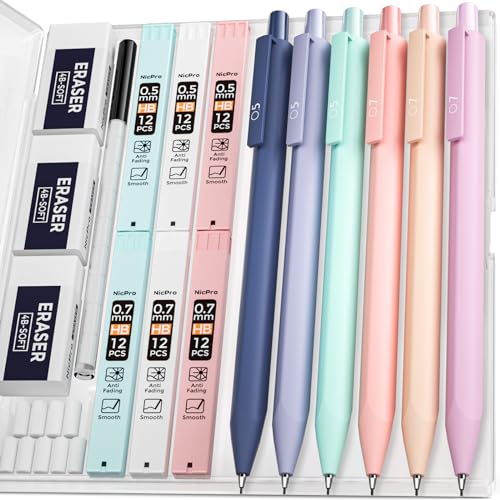 Nicpro 6PCS Pastel Mechanical Pencil Set, 0.5 & 0.7 mm with 6 Tubes HB Lead Refill, 3PCS Eraser and 9PCS Eraser Refill for Student Writing Drafing, Drawing, Sketching-with Cute Case