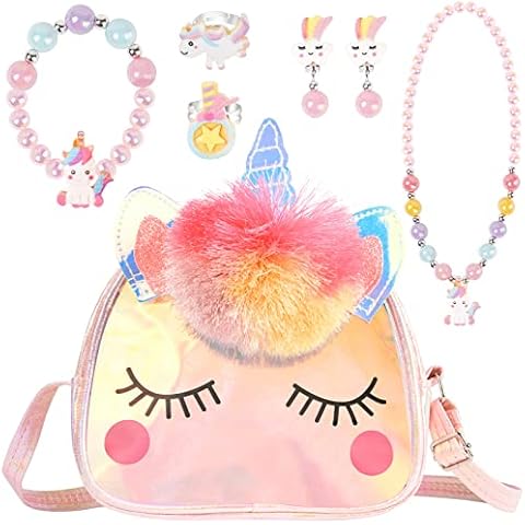OSDUE Einhorn Handtaschen, Schmuckset für Mädchen, Unicorn Kette Halskette Armband Ring Schmuckset, für Party Dress Up Geschenk Cover