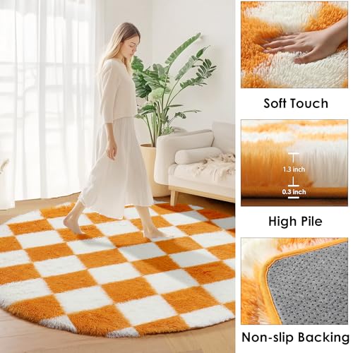 Image of KICMOR Round Rug 4ft Orange and Cream White Circle Area Rug, Fluffy Soft Fuzzy Shag Shaggy Bedroom Living Room Carpet, Indoor Checkered Circular Rug for Kids Boys Girls Home Decor Aesthetic, Nursery