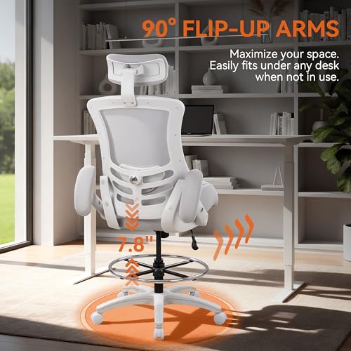 Image of BOLISS Ergonomic Drafting Chair High Back for Standing Desk-Grey | Tall Office Chair Double-Layer Seat Cushion, Adjustable Headrest & Lumbar Support, Flip-Up & Height Adjustable Arms