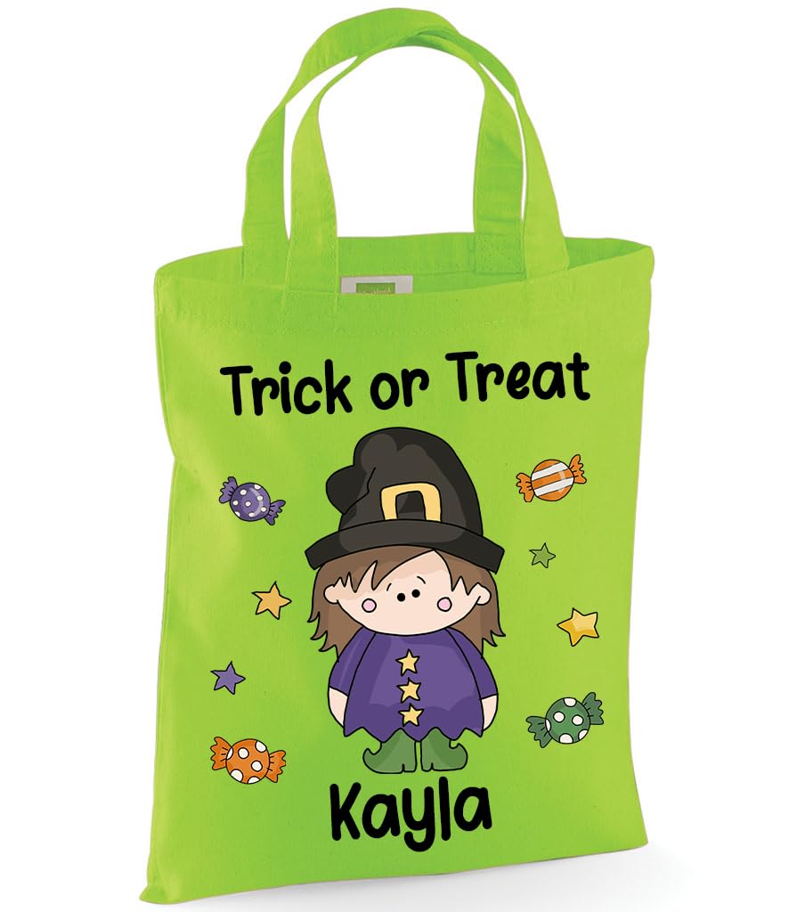 Personalised Trick or Treat Tote Bag with Custom Name - Kids Halloween Party Favour - A4 Size, 100% Cotton - Choose Colours & Characters (Green, Witch)
