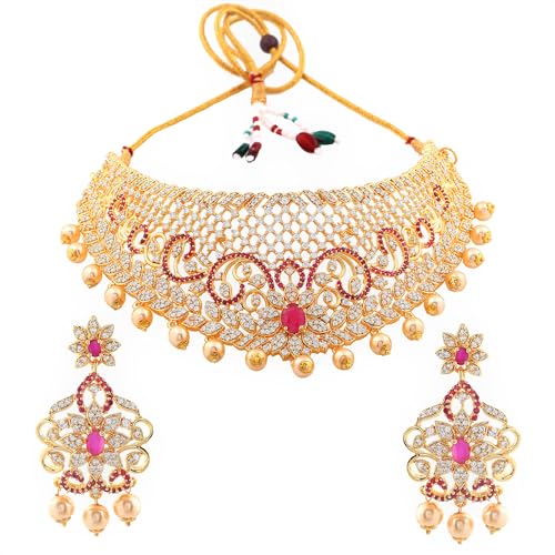 Estele Gold Plated CZ Bridal Choker Necklace Set With Red Crystals & Pearls For Women (B09VT4YP91) Amazon Price History, Amazon Price Tracker
