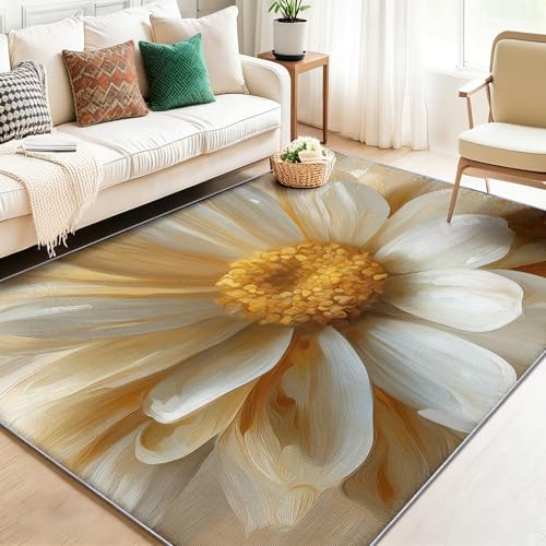 Alfombra Lavable con Estampado Plantas Margaritas Pétalos Vetas De Madera, Crema Grande Rectangular Alfombra Antideslizante Suave de Pelo Corto para salón Dormitorio o Pasillo, 100 x 150 cm
