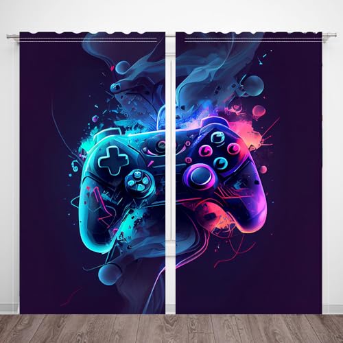 DOTOOMA 82 x 84 Inches Blue Purple Gradient Graffiti Window Curtain Boys Curtains for Bedroom Console Game Pad Cool Splash Game Room Decor Drapes 2 Panel Set Polyester