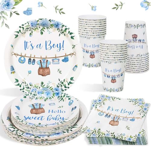 Conjunto de pratos azuis para decoração de chá de bebé para 25 convidados, 100 pratos e guardanapos para chá de bebé, pratos de papel para decoração de chá de bebé, suprimentos de festa para crianças