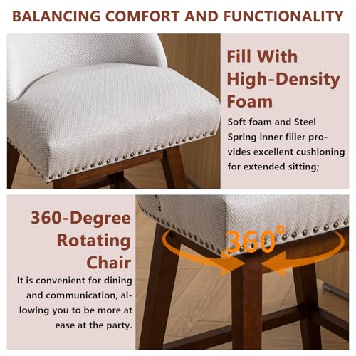 Majnesvon Sillas de Barra Giratorias Juego de 2, 26" de Altura de Asiento, Taburetes Tapizados con Patas de Madera Maciza y Respaldo para Isla de Cocina Comedor y Pub (Beige) miniatura 4