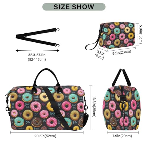 Funny Donuts Black Travel Duffle Bag Gym Bag Weekender Bags with Toiletry Bag Travel Trip Tote Bag3