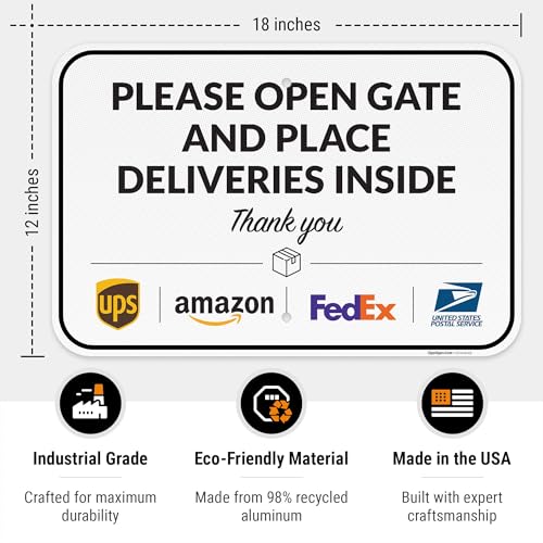 Image of Package Delivery Sign, Delivery Instructions Open Gate and Leave Delivery Inside Sign, 12x18 Inches, 3M EGP Reflective .063 Aluminum, Fade Resistant, Made in USA by Sigo Signs