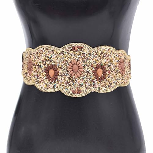 Bohemian Women Belts Wide Beaded Flower Elastic Waist Cinch Belt Handmade Stretchy Vintage Waist Belt2