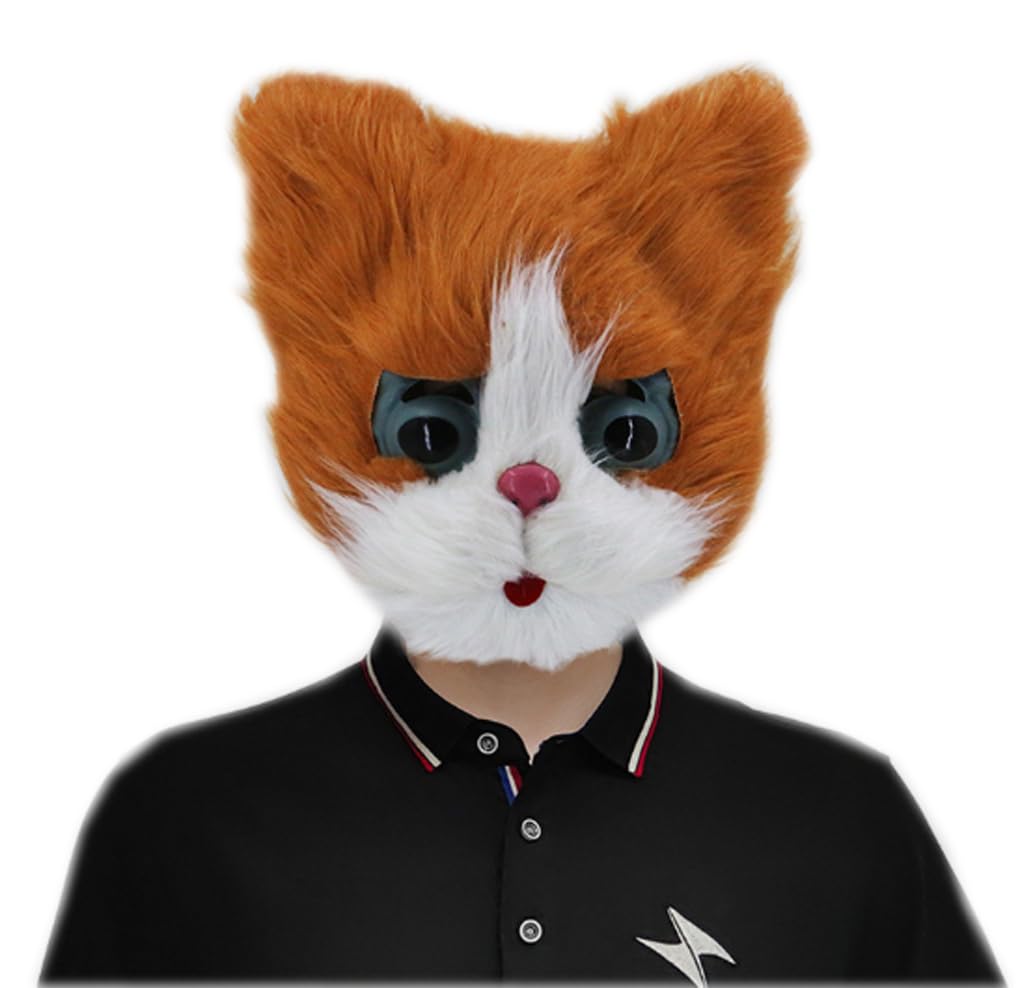 OhMill Adults Halloween Funny Furry Cat Mask Masquerade Easter Halloween Cosplay Cat Role Play Masquerade Halloween Fancy Dress Animated Headwear for Men Women, Yellow