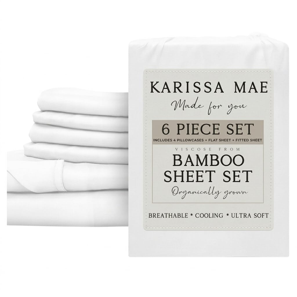KARISSA MAE 6 Piece Luxury Bamboo Viscose Queen Sheet Set, 4 Pillowcases