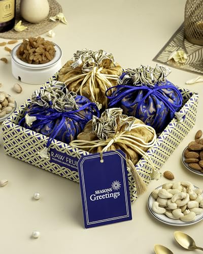 Image of Hyperfoods Dry Fruit Gift Pack of 4 Gift Hamper Dry Fruits Gift Box Dry Fruit Gift Hamper Rawfruit's Handcrafted Potli Dry Fruits Combo Pack 495 Grams