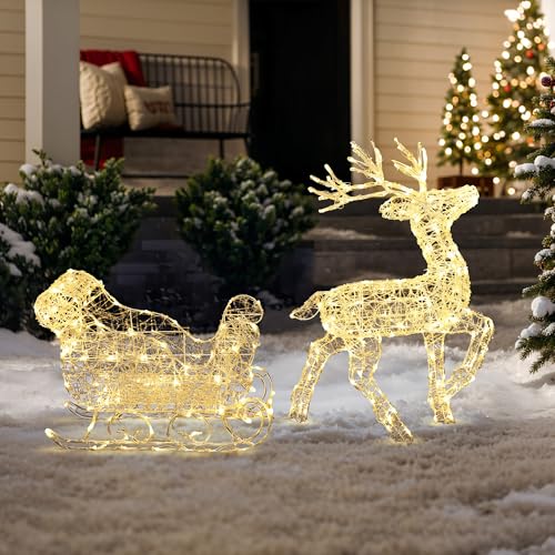 Hometopia LED Rentier mit Schlitten warmweiß mit 250 LEDs 88 cm –...