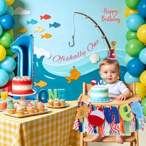 Image of Ofishally One Highchair Banner for First Birthday Party Decorations | Gone Fishing High Chair Fabric Banner for Boys Ofishally High Chair Tassel Banner for 1st Birthday Backdrop Decorations