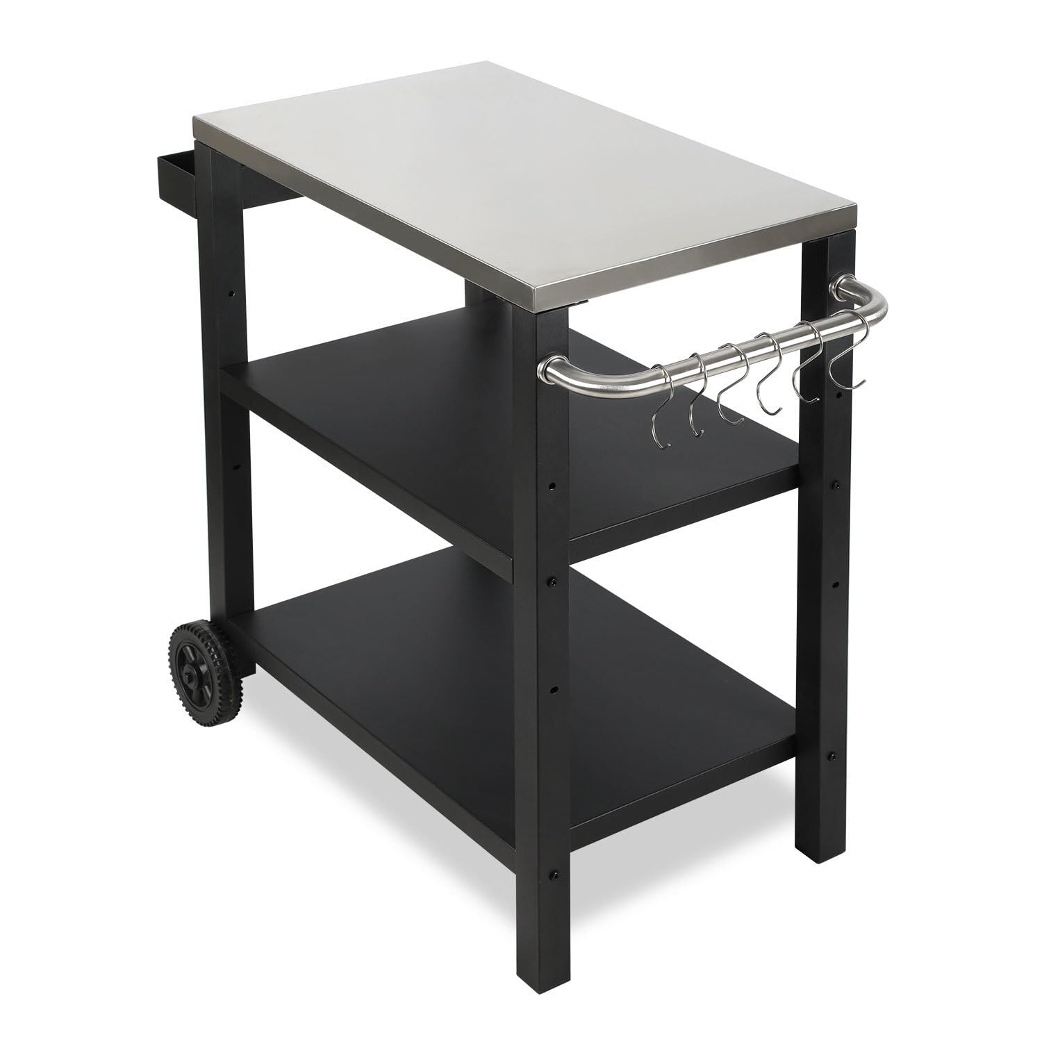 Carrello da barbecue per esterni, tavolo da barbecue, 2 ripiani regolabili in altezza, portaspezie e ganci, 84 x 67 x 41 cm, carrello da cucina con ruote per grigliare pizza e cucina in