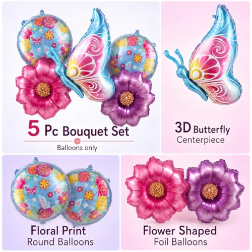 Image of Wanna Party Butterfly & Flowers Foil Balloon Bouquet Set of 5 | Butterfly Theme Helium Supported Balloons for Birthday Party Decoration, Cake Table Setup & Celebration Backdrop