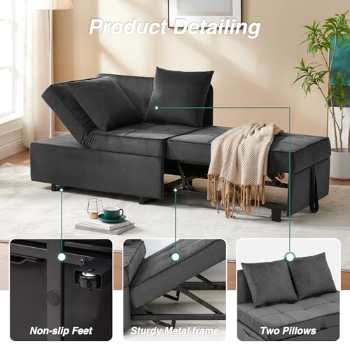 Sleeper Sofa Bed, Convertible 4-in-1 Pull Out Couch with 5 Adjustable Backrest, Modern Velvet Sofa with USB Ports & Storage Pocket (Includes Pillow) for Living Room, Bedroom,Apartment, Dark Grey