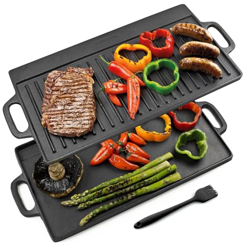 Andrew James Reversible Cast Iron Griddle Pan with Enamel Coating - Non-Stick Grill Plate & Skillet Pan for BBQ Induction Hob Gas Hob Oven & Flat Top Grill - Durable Grilling Skillet Pan with Brush