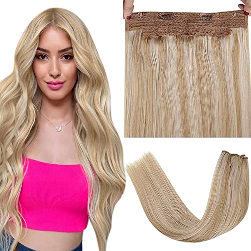 【The Last One】Secret Halo Real Hair Extensions Blonde Human Hair Fish Wire Remy Hair Extensions Ash Blonde Highlight Medium Blonde Invisible Hair Piece 80g 18"