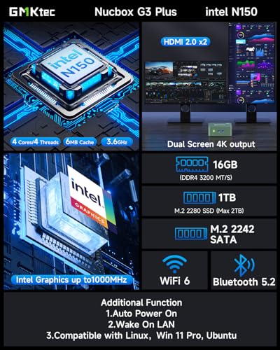 GMKtec Mini PC N150, G3 Plus Intel Twin Lake N150 (3.4GHz), 16GB DDR4 RAM 1TB PCIe M.2 SSD, Desktop Computer 4K Dual HDMI/USB3.2/WiFi 6/BT5.2/2.5G RJ45
