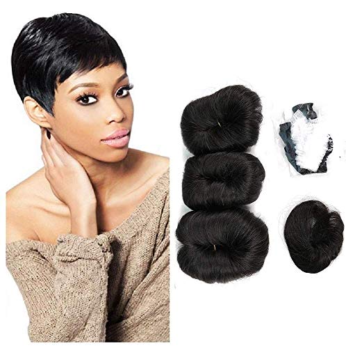 27 Pieces Short Weave Human Hair with Free Part Closure Brazilian Virgin Hair Extension Weave Pixie Cut wig 1B#