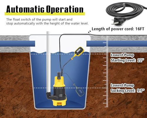Image of Sump Pump Submersible 6500GPH Powerful Water Pump for Pool Draining 1.5HP Utility Pump with Adjustable Float Switch 16FT Power Cord for Flooded House Sump Pit Pond Remove Water