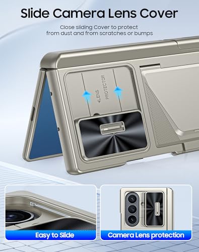 Image of for Samsung Galaxy Z Fold 7 Case with Card Holder RFID Blocking, Built in Slide Lens Cover & Hinge Protection & Kickstand & Screen Protector, Shockproof Wallet Case for Z Fold 7 (Titanium Gold)