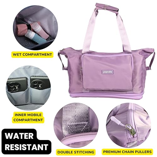 Image of POPCUBE Premium Foldable Duffle Bag for Travel for Women-Folding Bags for Travelling-Travel Bag for Women-Multipurpose Foldable Bags for Travelling. (Style 3 with Wheels, Purple)