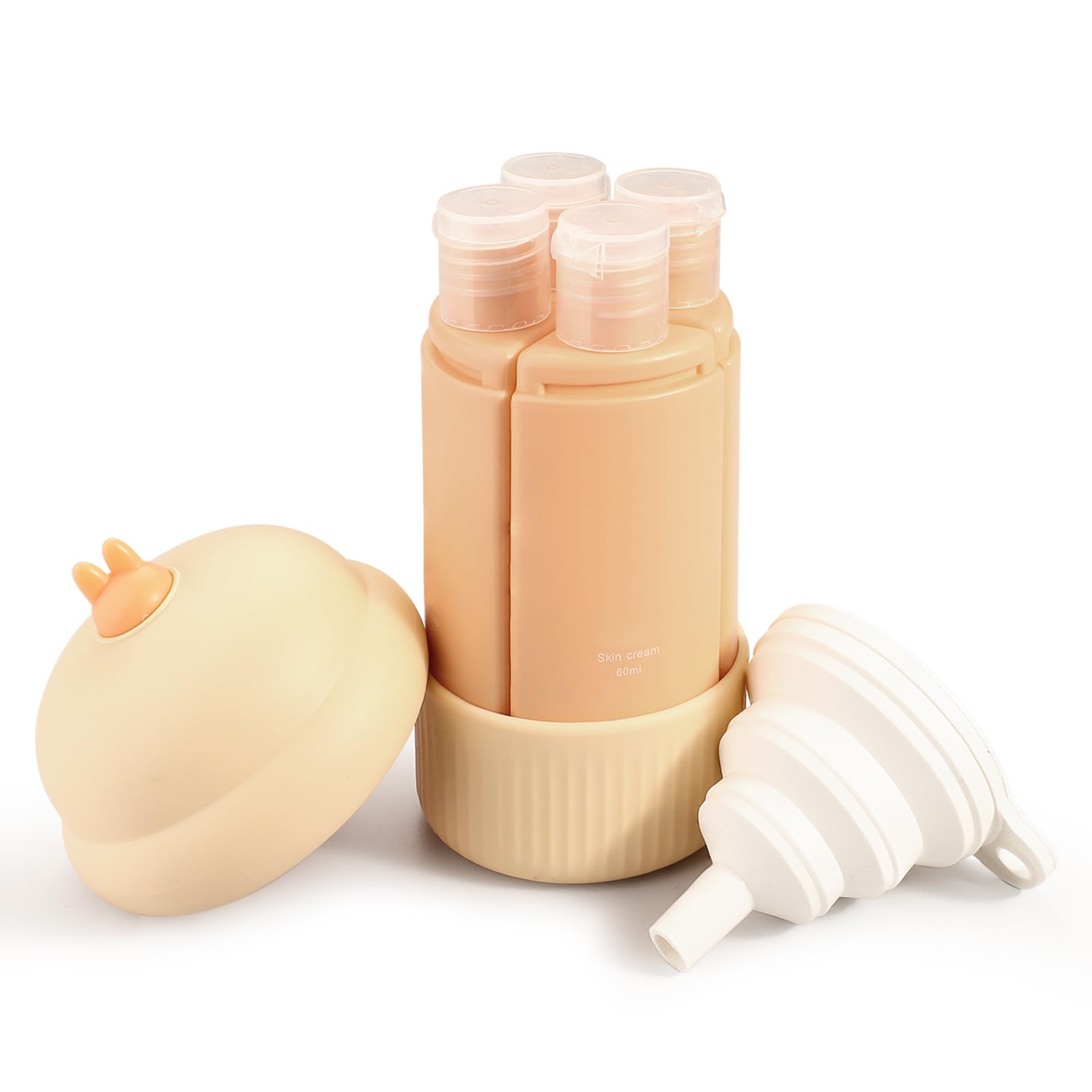 LELE LIFE 4 in 1 Travel Bottles for Toiletries 60ml Leak Proof Travel Size Containers Refillable Bottles for Shampoo Conditioner Lotion Soap with Funnel (Orange)