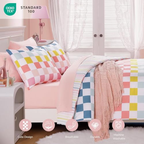 Image of Queen Comforter Set with Sheets for Girls-7 Pieces Soft Queen Bedding Sets | Bed in A Bag Colorful Checkered Printed Comforter with Pillowcases & Shams, 90 inch X 90 inch