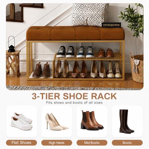 Image of Entryway Shoe Rack with Cushioned Seat, Shoe Bench for Entry, 2 Shelves Storage Bed Bench Brown