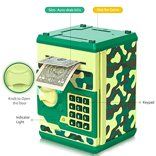 ATM Piggy Bank for Boys Girls, Vcertcpl Mini ATM Coin Bank Money Saving Box with Password, Kids Safe Money Jar for Adults with Auto Grab Bill Slot, Great Gift Toy Bank for Kids(Camouflage Green) - Thumbnail 3
