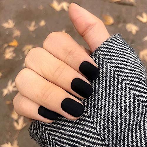 24 Pcs Fake Nails Matte Short Square Nails Full Cover Fall Nail Art Medium FALSE Gel Nails Tips Sets for Women Teens Girls (Black)