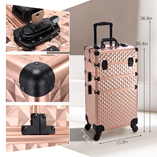Adazzo XGO84J 3 In 1 Professional Rolling Makeup Train Case Aluminum Trolley Case thumb #4