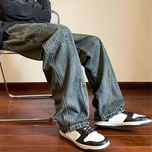 Elastic Waist Jeans for Men Drawstring Cargo Jean Wide Leg Jeans Men Loose Fit Hip Hop Vintage Denim Pants with Pockets4