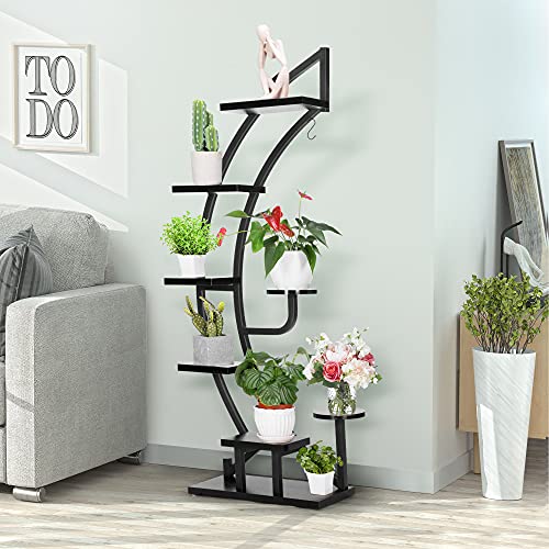 Vivohome 6 Tier 9 Potted Steel-Wood Plant Stand With Hanger, Curved Flower Pot Holder Shelf For Indoor, Black #TOP2