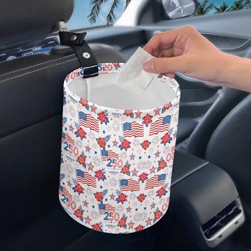 Image of 250th America Flag Hibiscus Floral Firework Car Trash Bin Vehoicle Interior Front Seat Trash Bin Lightweight Cup Holder Universal Fit Most Cars, SUVs, Trucks