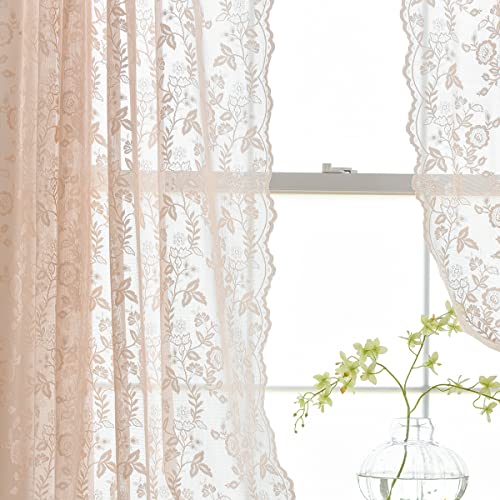 FINECITY Pink Lace Curtains 63 Inch Length for Girls Room