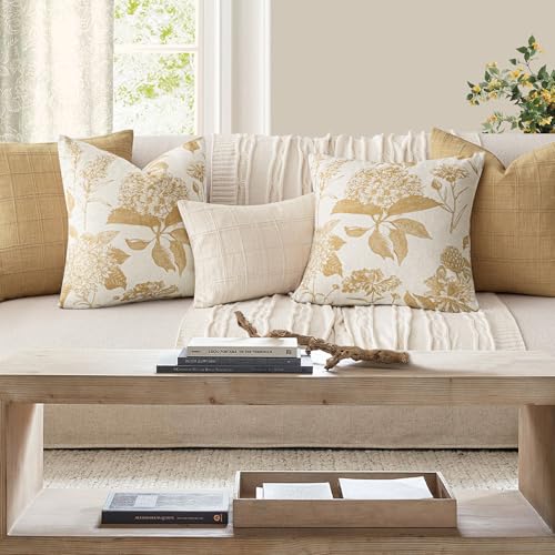 Image of Foindtower Set of 2 Linen Floral Vintage Throw Pillow Covers Neutral Accent Print Decorative Cozy Cushion Covers Farmhouse Home Decor for Sofa Chair Couch Bed Living Room,18x18 Inch,Light Yellow