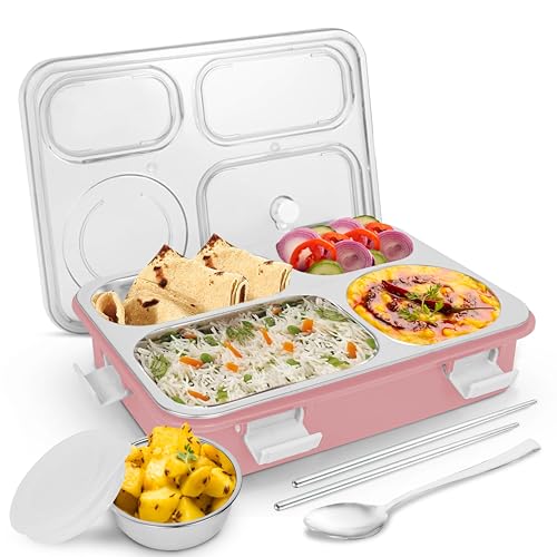 Image of TEKCOOL Lunch Box for Adults - Lunch Box for Kids - with Spoon & Fork - Stainless Steel Lunch Box with 4 Compartment - Durable Perfect Size for On-The-Go Meal, BPA-Free-