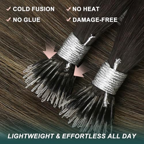 Image of Easyouth Nano Bead Hair Extensions Human Hair Balayage Brown 14 Inch 50G Ombre Dark Brown to Brown Nano Ring Beads Extension for Women Short Straight Hair 50S