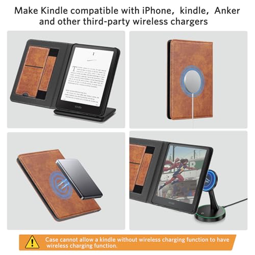 Image of CoBak Stand Case for 7 inch Kindle Paperwhite 12th Gen 2024 and Kindle Colorsoft with Hand Strap - Compatible with iPhone MagSafe, for Samsung /Belkin /Anker Wireless Charging Pads, Durable, Auto Sleep Wake
