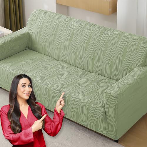Image of HOKIPO 3 Seater Sofa Cover - 200 GSM Premium Jacquard Stretchable Fully Covered Slipcover,' Nestiva Series' Pastel Green (NEW2-AR-5309-GRN)