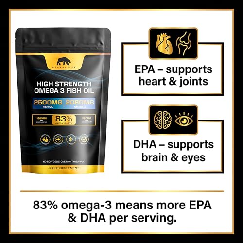 Omega 3 Capsules High Strength Fish Oil 2500mg – 2080mg – 83% Omega-3 (1380 EPA & 520 DHA) – Burpless Pescatarian Softgels for Heart, Brain, Eyes & Joints – 60 Softgels - Image 4
