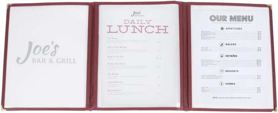(30 Pack) Triple Panel Menu Covers, Red/Maroon, 6 View, 8.5 x 11-inches Insert, Trifold Menu Covers for Restaurants with Double Stitched Binding and Protective Corners