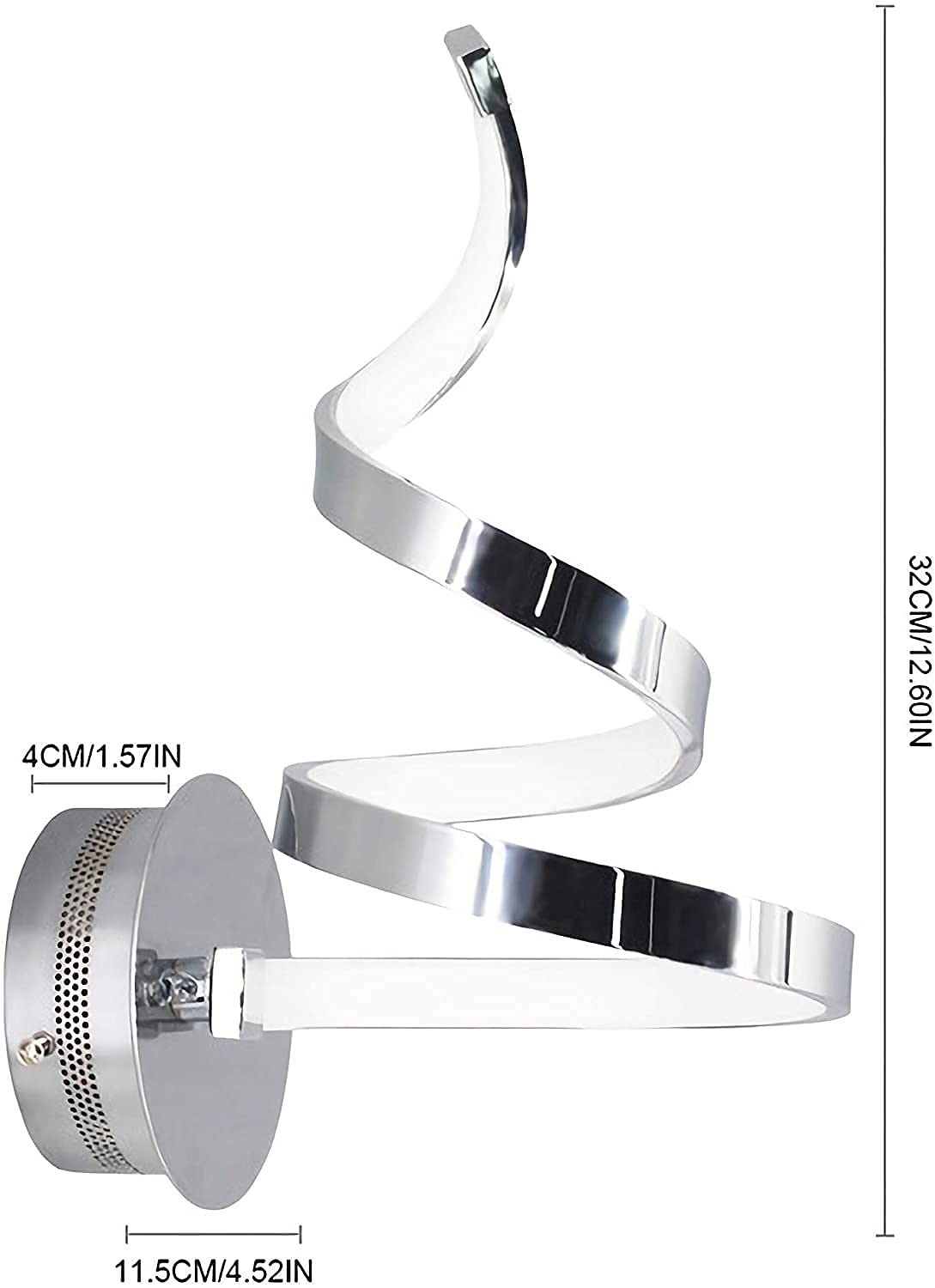 Lámpara de Pared LED Moderna con Espejo, 20 W, diseño Espiral Creativo, lámpara de mesita de Noche de Aluminio acrílico, iluminación cálida, para Dormitorio (cromada).